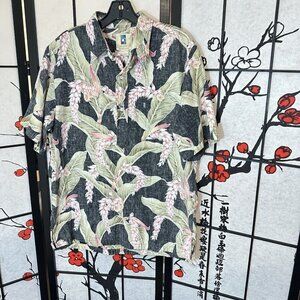Kahala Vintage Hawaiian Shirt Hawaii Mens Size L Gray Pink Flower Cotton